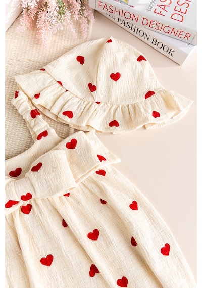 Babymod Şapkalı Kalp Desenli %100 Pamuk Yazlık Kız Bebek Tulum Set Takım Kırmızı