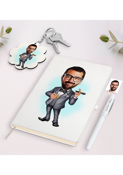 Kişiye Özel Erkek Patron Karikatürlü Beyaz Defter Kalem Ve Anahta N11.2896