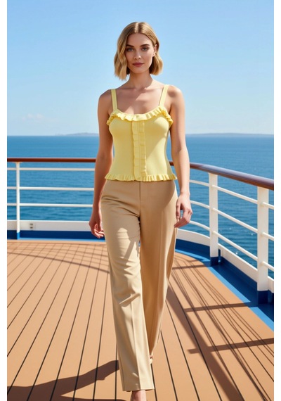 Benerly Kadın Bluz Crop Havuz Yaka Kolsuz Fitted Kesim İnce Triko Düz Des Sarı