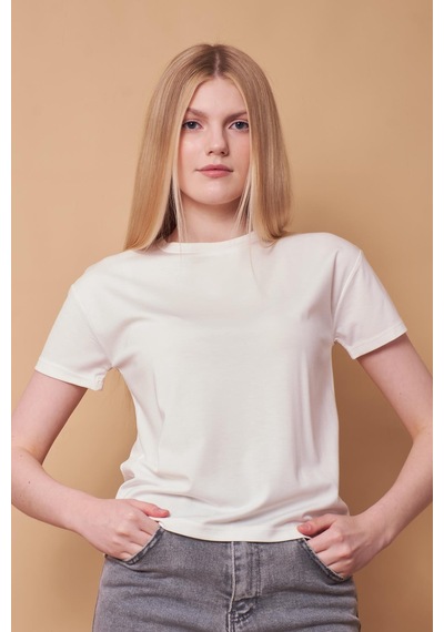 Jument Kadın Sıfır Yaka Kırışmaz Span Karışımlı Şık Kısa Kol Likralı T-shirt Bluz-krem Krem Jument Kadın Sıfır Yaka Kırışmaz Span Karışımlı Şık Kısa Kol Likralı T-shirt Bluz-krem Krem