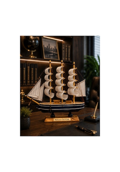İsime Kişiye Özel Dekoratif Premium Ahşap El Yapımı Yelkenli Gemi Maketi 30 X 30cm Biblo Hediye 530b