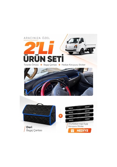 E-biz Hyundai H100 2004-2019 Uyumlu Torpido Örtüsü + Deri Bagaj Çantası Seti - Siyah-mavi - Hu022