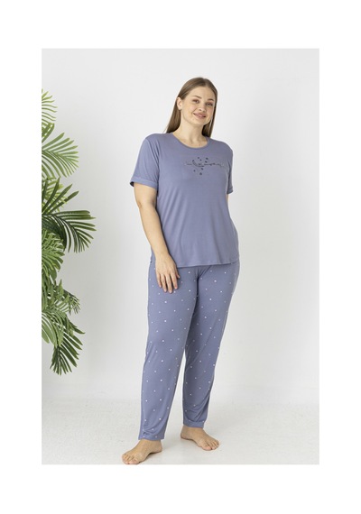 Estiva Kadın Puantiye Alt Desenli Kısa Kollu Soft Battal Pijama Takımı LİLA