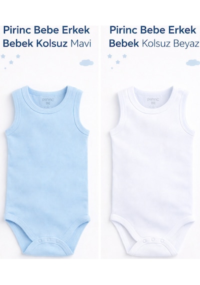 Pirinç Bebe Unisex Bebek Kolsuz Body 2 Li Set Mavi Beyaz Mavi - 833300319 Mavi