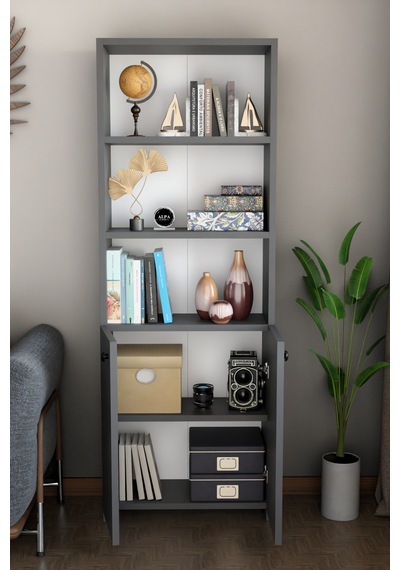 Kapaklı Çok Amaçlı Salon Dolabı 150x50x22 Cm Raflı Kitaplık Dekoratif Depolama Ünitesi Antrasit