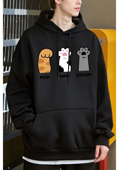 Startmore Startmoretaş Kağıt Makas Kedi Pençeleri Tasarım Erkekler Hoody Cep Rahat Kapüşonlular Moda Sonbahar Ka Siyah