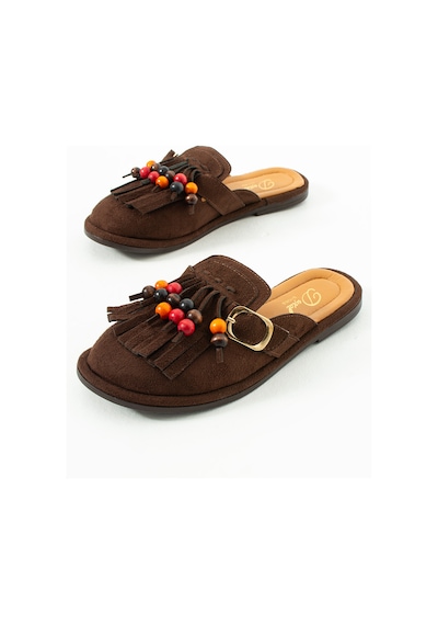 Duxal Shoes Hazel Kadın Süet Püsküllü Boncuklu Tokalı Terlik Mulo Acıkahve