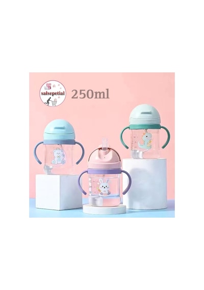 250ml Figürlü Pipeti Suluk Bebek Matara Sevimli Su Şişesi Bebek Pipetli Biberon Matara Yeşil