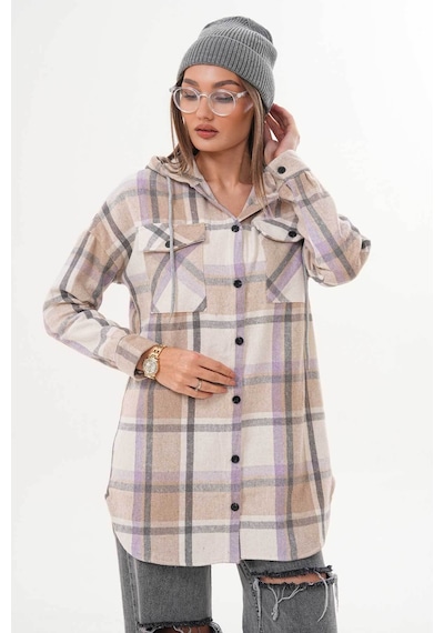 Polologin Butik Kadın Oduncu Kahverengi Bej Lila Çizgili Kapşonlu Gömlek Bej