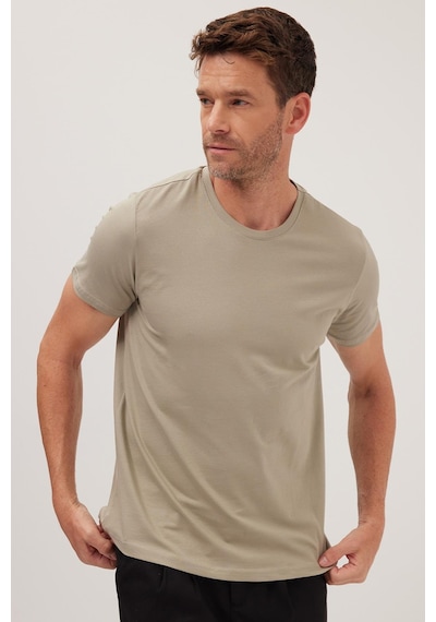 Tudors Erkek Slim Fit Dar Kesim Pamuklu Yumuşak Doku Likralı Esnek Kumaş Haki Bisiklet Yaka Tişört-36910 Haki