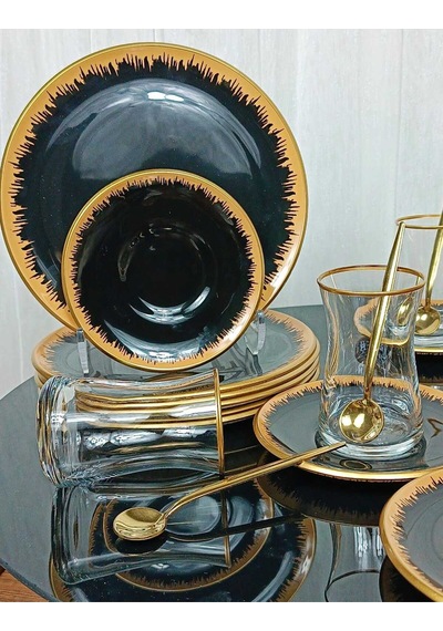 Elta Collection 6 Kişilik 24 Parça Pinkmore Siyah-gold Pasta Çay Saati Seti Siyah