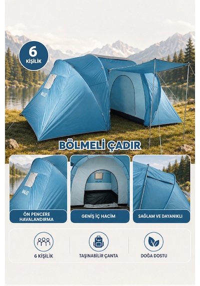 Walke 6 Kişilik Çift Bölmeli Aile Kamp Çadırı Su Geçirmez Polyester 490 X 280 X 200 Mavi