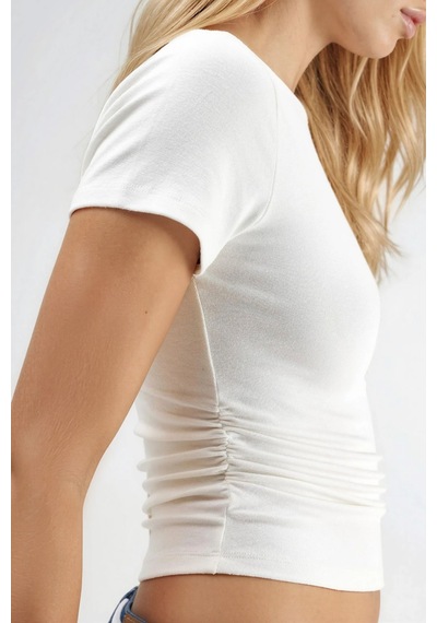 Hiccup Drape Detaylı Fitted Esnek Örme Bluz Beyaz