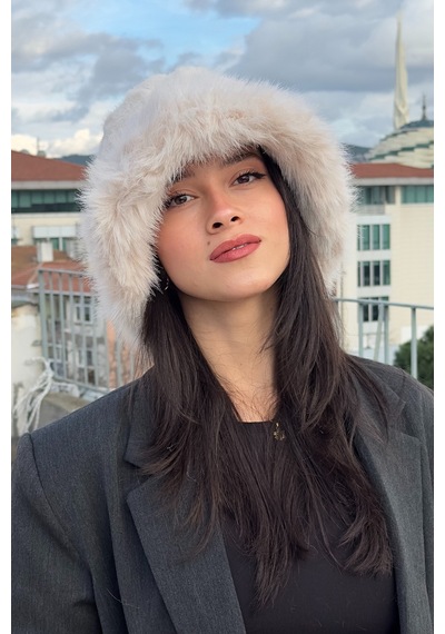 Mollycrush Suni Kürklü Peluş Bucket Kalpak Şapka Luxury Kadın Bej Rus Slav Tarzı Bej