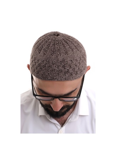 Sütlü Kahve Hasır Desen Kışlık Kadife Namaz Takkesi Kahverengi