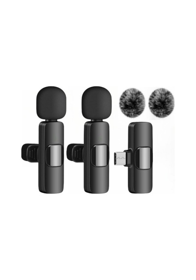Kablosuz Tüylü Siyah Yaka Mikrofonu Type-c Ve İos Uyumlu Bluetooth 5.0 2 Li Set Siyah Siyah