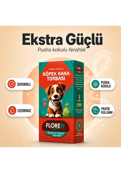Florex Köpek Kaka Poşeti Pudra Kokulu 5 Rulo 100 Adet - Patili Dostlar Tuvalet Torbası