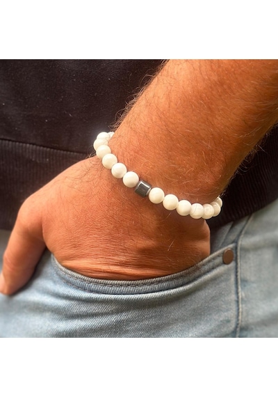 Sedef & Hematit Karma Doğal Taş Erkek Bileklik 8 Mm Çok Renkli