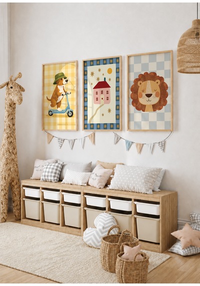 3'lü Çocuk Odası Dekoratif Eğlenceli Poster Tablo Ahşap Çerçeveli