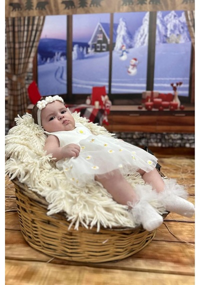 Beniizle Papatya Nakışlı Yazlık Tüllü Çıtçıtlı Zıbın Elbise %100 Pamuk Beyaz