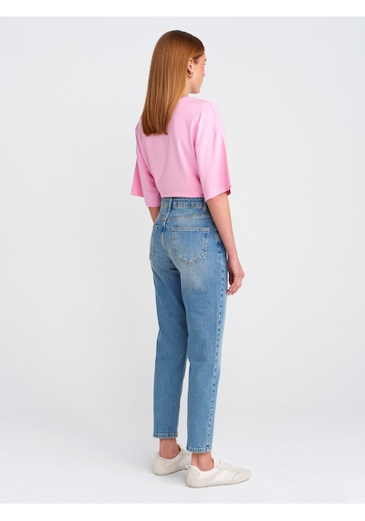 Dilvin 71779 Lazer Yıkama Likralı Denim Mom Pantolon Mavi