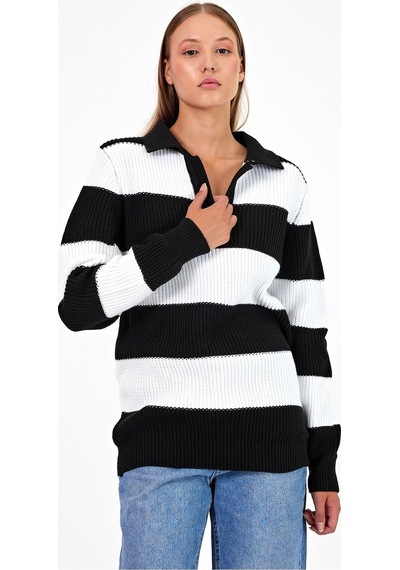 Cool Tarz Kadın Çizgili Şeritli Comfort V Polo Yaka Triko Siyah Siyah