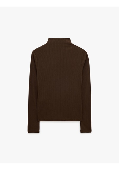 Koton Kaşkorse Kumaş Slim Fit Uzun Kollu Dik Yaka Fitilli Tişört Kahverengi 7wak50008ek Kahve