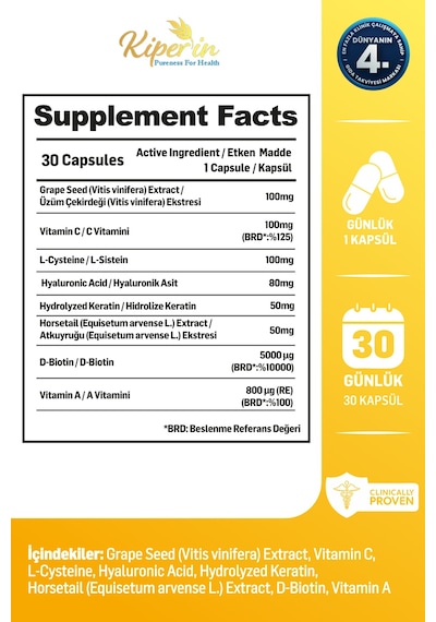 Kiperin Goldra Cilt, Saç Ve Tırnak Biotin, Keratin, Üzüm Çekirdeği, Hyaluronik Asit 30 Kapsül