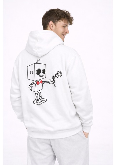 Nevermınd Robot Baskılı Sevgili Kombini Oversize Hoodie Seti Kadın Erkek Unisex Beyaz Beyaz