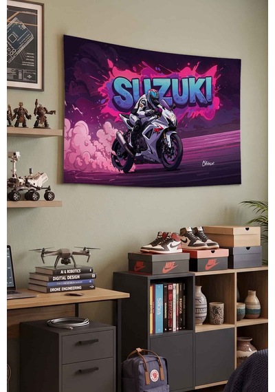 Suzuki Gsx-r Beyaz Yarış Motoru Graffiti Dekoratif Duvar Örtüsü Duvar Halısı