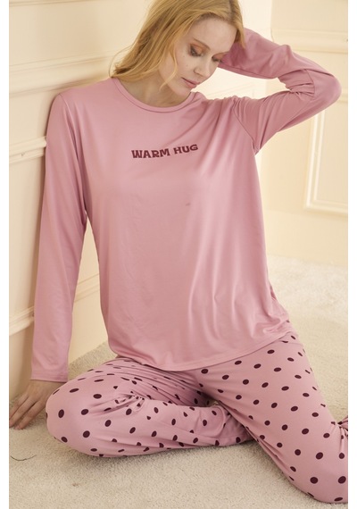 Mihra Kadın Pijama Takımı Uzun Kol Mevsimlik Pudra