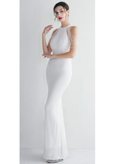 Hanife Glam Couture Hanife Glam Halter Yaka Taş Tasarımlı Pul Payet Abiye Elbise Beyaz