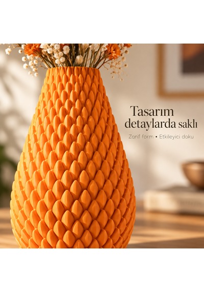 Kabartma Desenli Dekoratif Vazo 20 Cm Modern Tasarım Turuncu