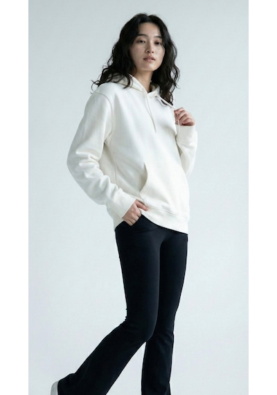 Hoxie Unisex Rahat Kesim Pamuklu Yumuşak Dokulu İçi Polarlı Basic Desenli Kapüşonlu Sweatshirt Ekru