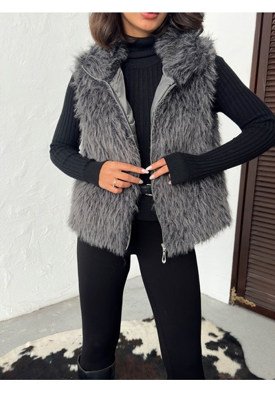 Verymoda Yapay Kürk Kadın Yelek Fermuarlı, Yumuşak Dokulu I Vmf2046 Gri