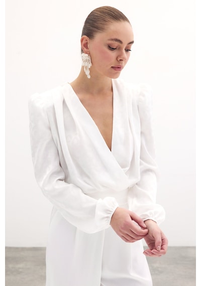 Sateen Kruvaze Desenli Bodysuit Bluz - Ekru-134280 Ekru
