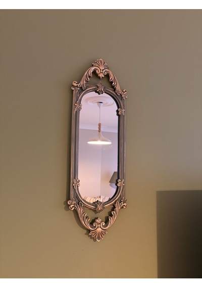Kısa Oval Dekoratif Duvar Aynası Haki Yeşil & Eskitme Altın Yaldız 60x20 Cm Naturel