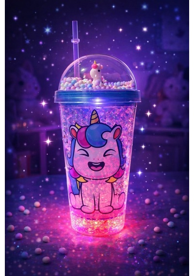 Renkli Boncuklu Sevimli Unicorn Tasarımlı 450 Ml Led Işıklı Pipetli İçecek Bardağı Suluk Mavi 2646