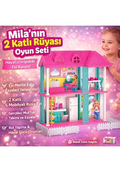 Mila Nın 2 Katlı Rüyası Oyun Evi Seti Mobilyalı, Eğitici Ve Hayal Gücünü Geliştiren Oyun Seti