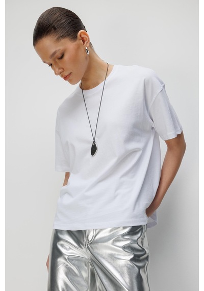 Mixray 4852 Kadın Yırtmaçlı Oversize Basic %100 Pamuk T-shirt Beyaz BEYAZ
