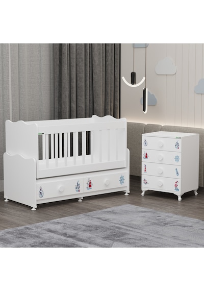 Elegant Mdf Çıtalı Beşik + Şifonyer - Denizci Beyaz