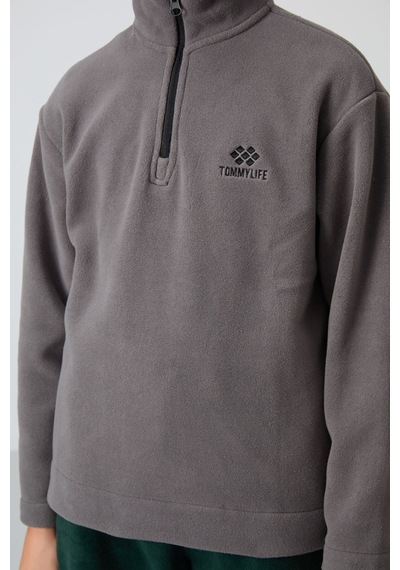 Tommylife Tommy Life Koyu Gri Kalın Yumuşak Dokulu Standart Fit Nakışlı Polar Erkek Çocuk Sweatshirt - 11221 Koyu Gri