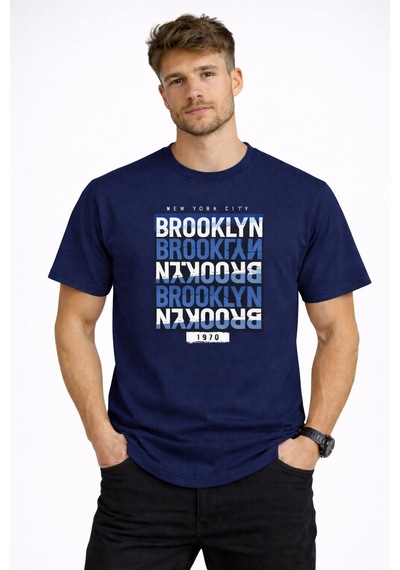 Herkesemoda Brooklyn Yazı Detaylı Erkek Basic T-shirt Lacivert