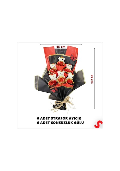 Sonsuzluk Güllü Ve Strafor Ayıcıklı Buket, 60cm X 40cm - Kırmızı 0-99