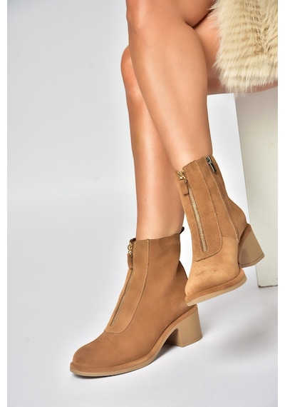 Fox Shoes Z555671002 Taba Hakiki Deri Süet Kalın Topuklu Kadın Bot