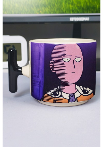One Punch Man Anime Baskılı Seramik Lüks Kupa 1 Adet T Şeklinde Özel Siyah Kulp Dalga Kulp V1t Çok Renkli