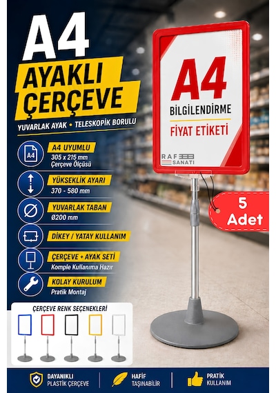 5 Adet - A4 Ayaklı Çerçeve Seti Yuvarlak Tabanlı Teleskopik Fiyat Etiketi Standı Kırmızı