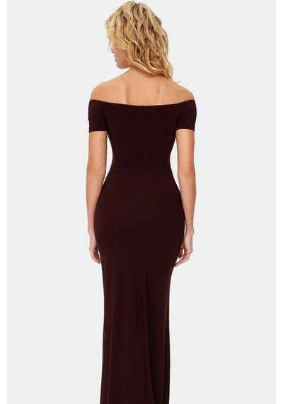 Ersefa Yazlık Bodycon Maxi Elbise 96% Polyester Carmen Yaka Kısa Kollu Y Kahverengi