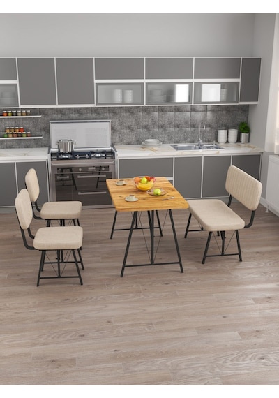 Hayat 70x110 Atlantik Mutfak Masası, Mutfak Masası Takımı, Yemek Masası, 2 Sandalye 1 Bench - Krem Krem