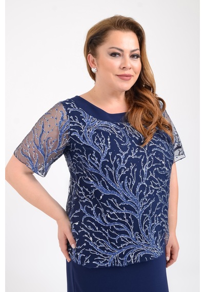 Lilas Xxl Büyük Beden Lacivert Renkli Krep Kumaş Kısa Abiye Elbise